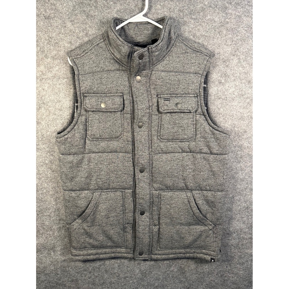 Hurley Mens Grey Marl Quilted‎ Puffer Vest Plaid Lined Buckle Exclusive Large